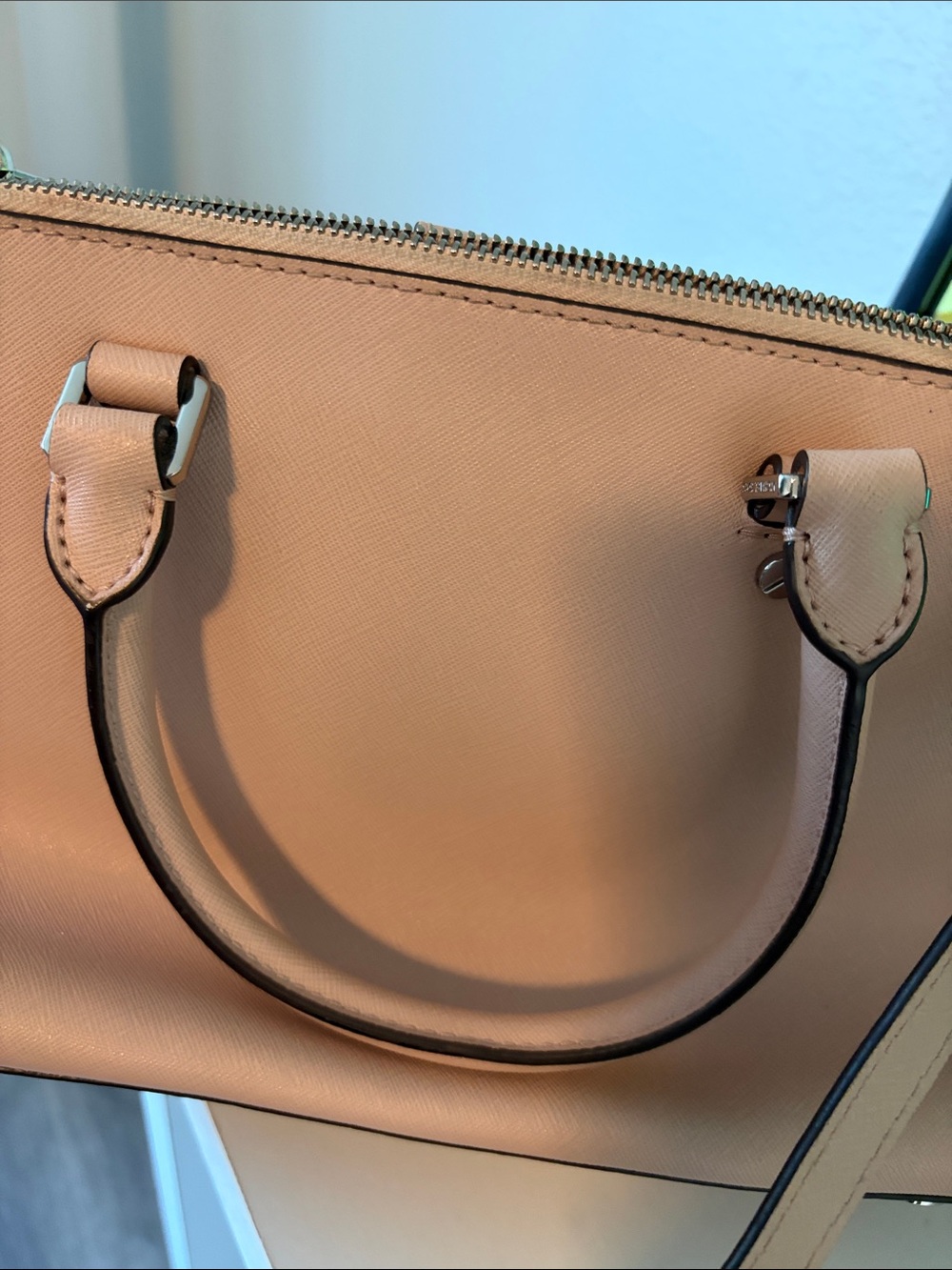 Michael Kors Peach/Pink Saffiano Leather Satchel with MK Charm - Picture 11 of 14
